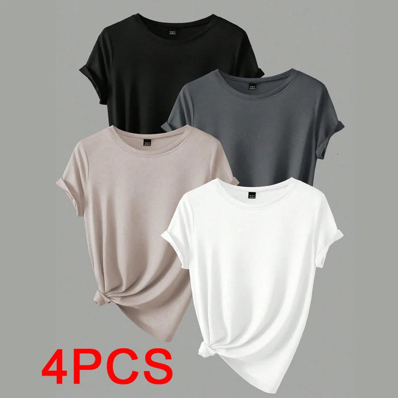 4PCs Trend Tshirts Leisure Summer Tops Woman Clothing Plus Size Short Sleeve T Shirt Clothes for Women Tee Top Outfit 250514