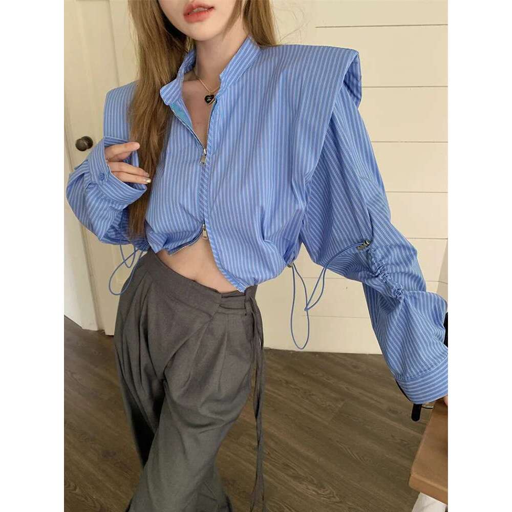 Zoki Sexy Cropped Striped Shirt Women Streetwear Long Sleeve Retro Blouse Korean Double Zipper Patchwork Design Female Short Top
