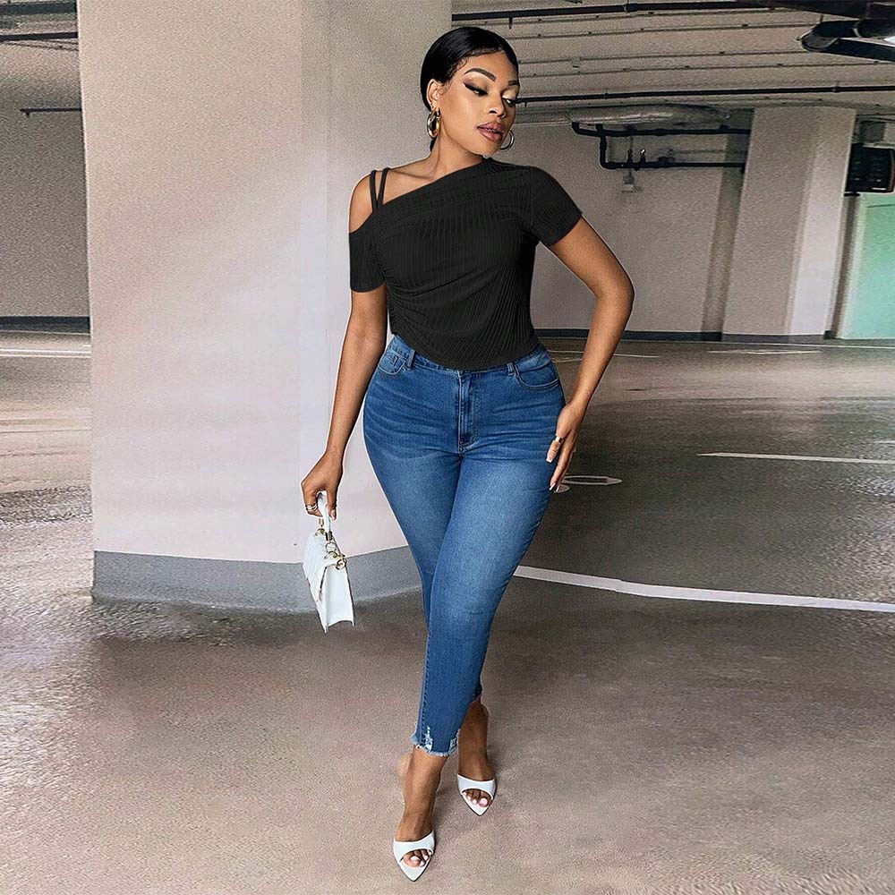 Plus Size Womens Summer New Slim Fit Off Shoulder Sloping Collar Solid Color T-shirt Top