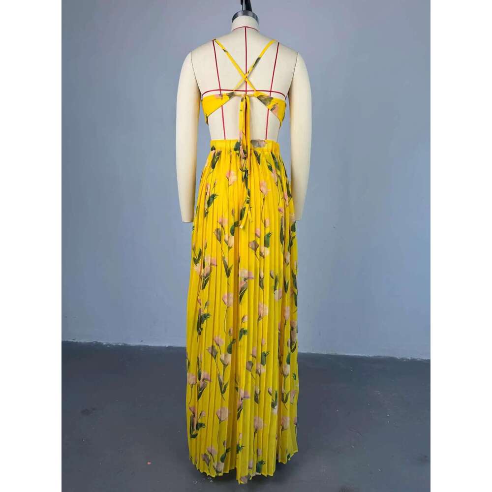 Elegant Floral Print Sleeveless Sweet Strapless Floor-Length Long Women Dress Beach Party Birthday Sexy Pleated Dresses