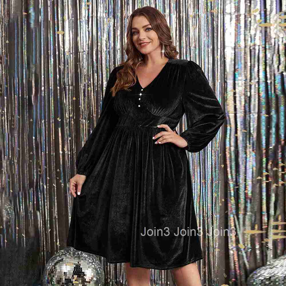 Plus Size Womens French Elegant Style Dress with Autumn and Winter Temperament Korean Velvet Medium Long Skirt