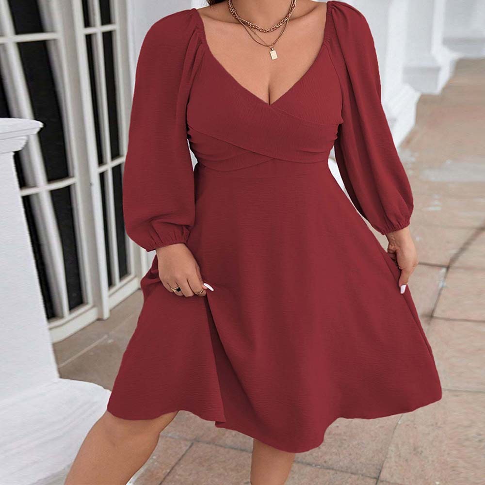 Plus Size Womens Clothing Elegant Style Red Dress Autumn and Winter V-neck Long Sleeved Mid Length Skirt