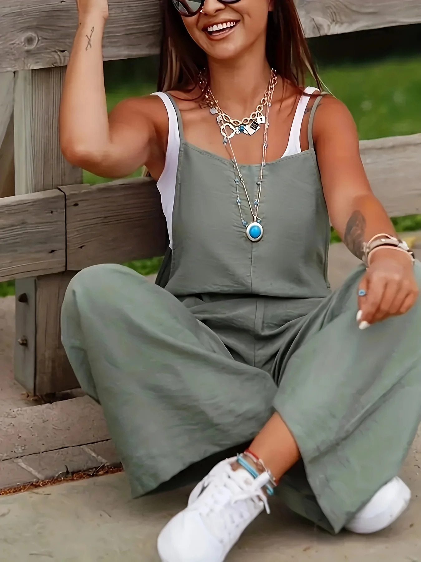 Plus Size 1XL-5XL Womens Fashion Casual Pocket Wide Leg Jumpsuit Ladies Sleeveless Pants 250515
