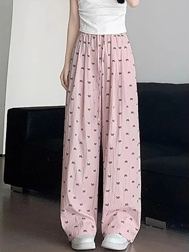 Summer Womens Korea Casual Elastic Waist RelaxedFit Pants 2025 Female Sweet Style Irregular Bow Print WideLeg 250506