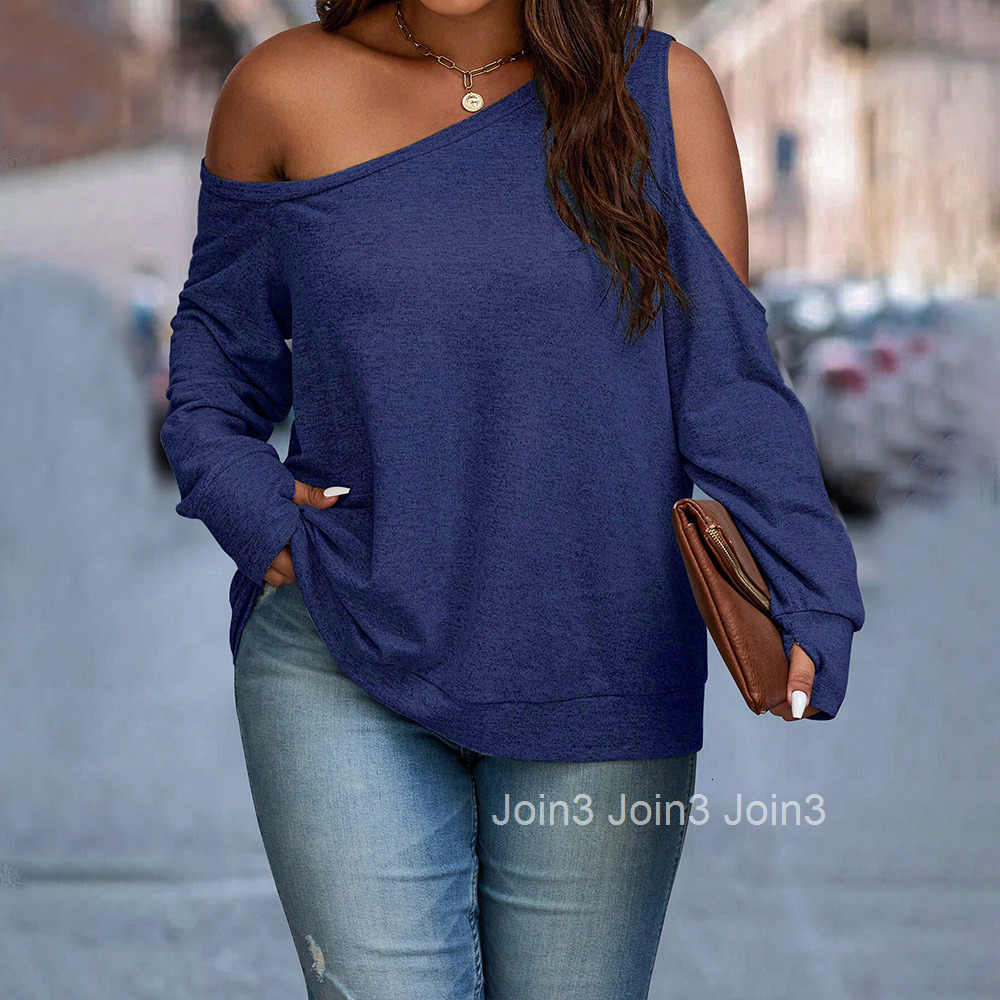 Plus Size Womens Instagram Trendy T-shirt Autumn/winter Diagonal Collar Off Shoulder Loose Slimming Top