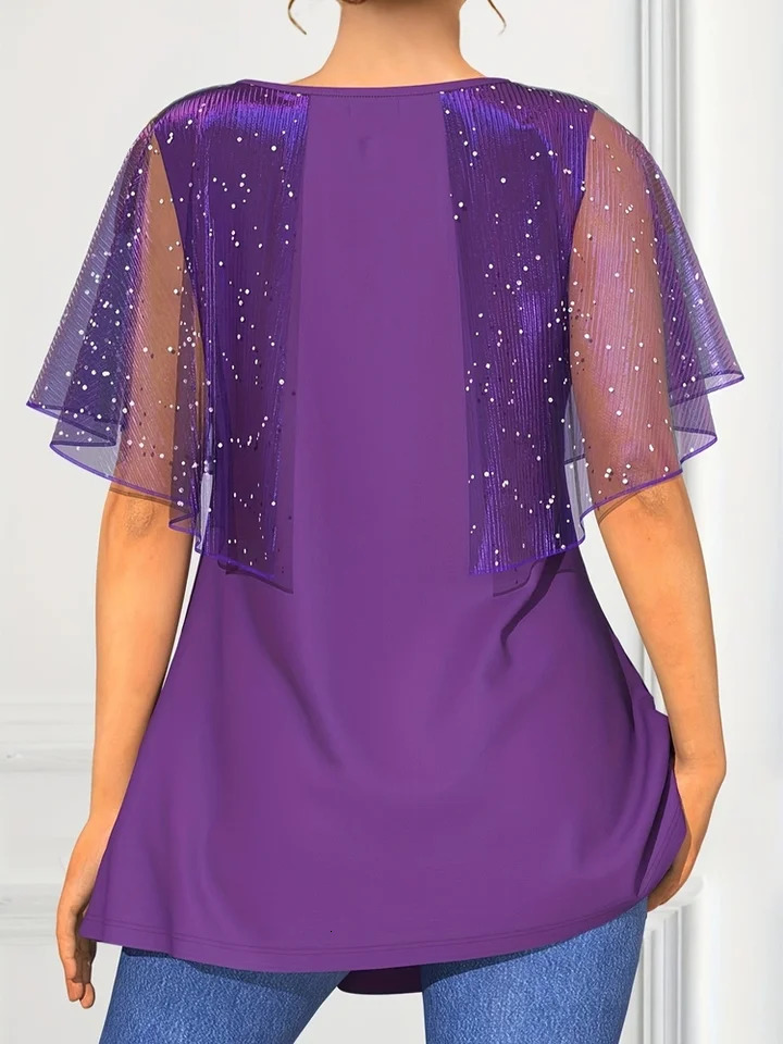 Plus Size Womens Fashion Sequin Decorative Shawl Crew Neck Chiffon Top Casual Short Sleeve Summer Clothing 2024 250514
