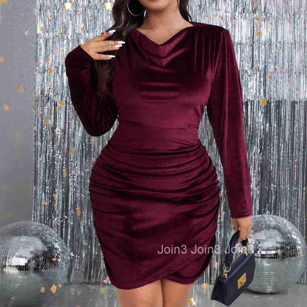 Autumn and Winter New Plus Size Womens Clothing High-end Feeling Socialite Style Wine Red Dress Banquet Short Skirt