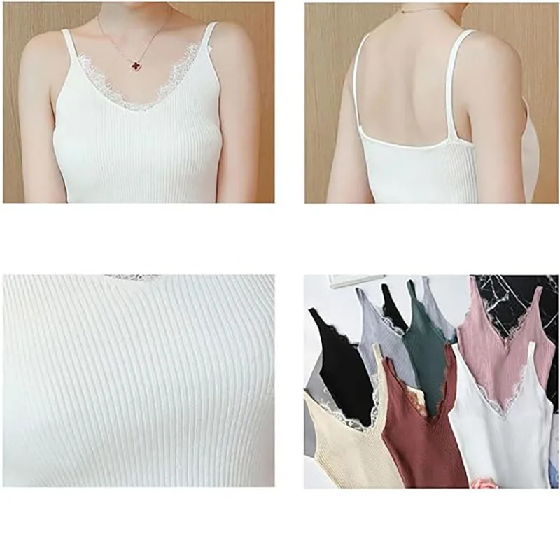 1Pc Womens Vest Lace Top Vneck Solid Knit Tank Ladies Sleeveless Fashion Patchwork Slim Sexy Suspenders Summer 250506