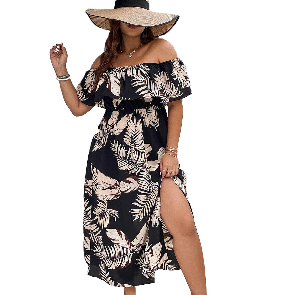 Large Size Womens New Short Sleeved One Shoulder Cinched Waist Slit Printed Dress