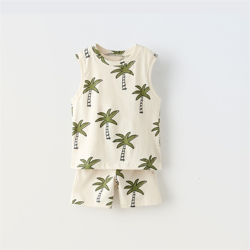 Children Sleeveless Outfits Full Print Vest Tops Shorts Two Piece Set Boys Casual Fashion Vest TshirtShorts Cute Simple Outfit 250515