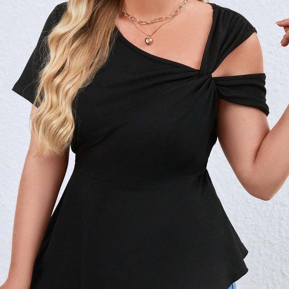 Plus Size Womens Sexy Off Shoulder Sloping Neck T-shirt Summer New Style Pullover Solid Color Short Sleeved Top