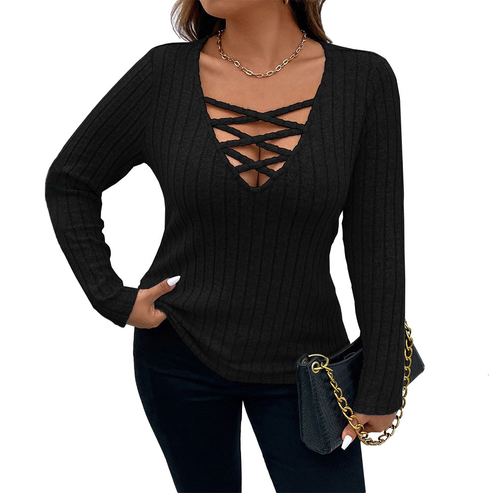 Oversized Womens V-neck Hollowed Out Sexy T-shirt for Autumn and Winter Slim Fit and Slimming with Long Sleeved Solid Color Top Inside