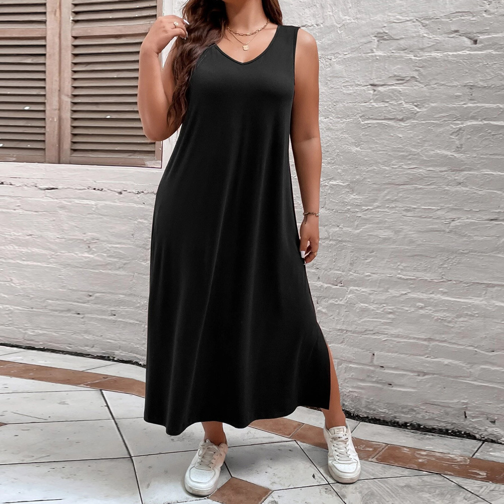 Large Size Womens New Loose H-shaped Casual Solid Color Sleeveless Vest V-neck Dress