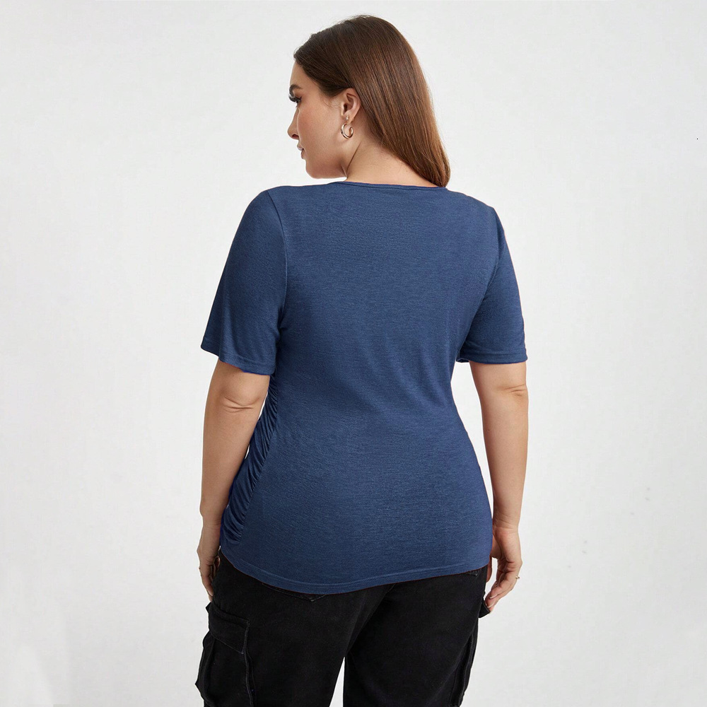 New V-neck Patchwork Wide Slim Fit Autumn Solid Color Top for Women Short Sleeved T-shirt for Women