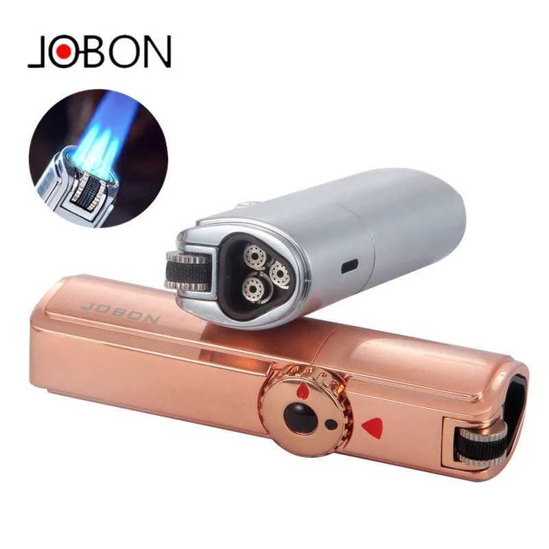 JOBON Inflatable 4 Torch Jet Windproof Lighter Metal Grinding Wheel Flint Lighter Gas Butane Inflatable Gift Cigar LighterT250516