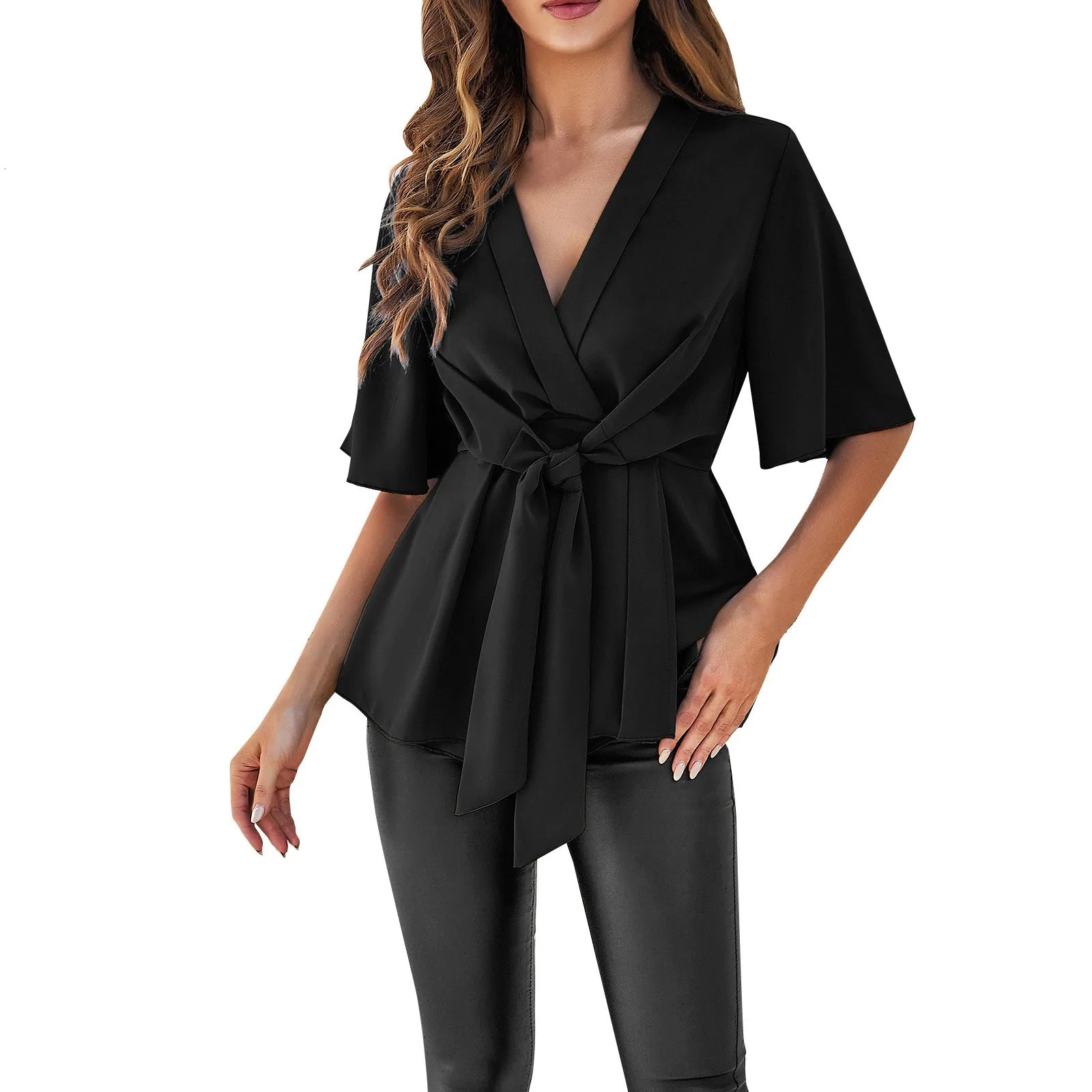 Summer Solid Color Elegant Short Sleeve Tie Corset Top Plus Size Women Clothing Clothes For 4xl 5xl 6xl 7xl 250514