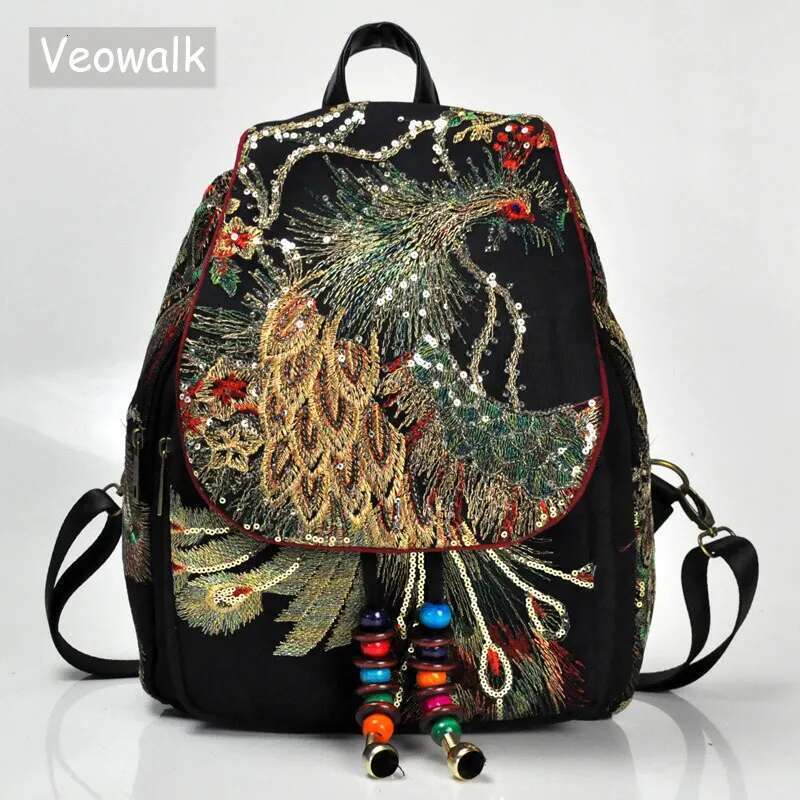 Veowalk Pea Sequins Embroidered Women's Canvas Backpacks, Ladies Floral Rucksacks Woman Small School Back Bag Bagpack