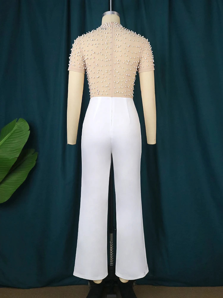 Plus Size Jumpsuits for Women See Through Beading Long Sleeve Beige Black Empire Wide Leg One Piece Outfits Rompers 250515
