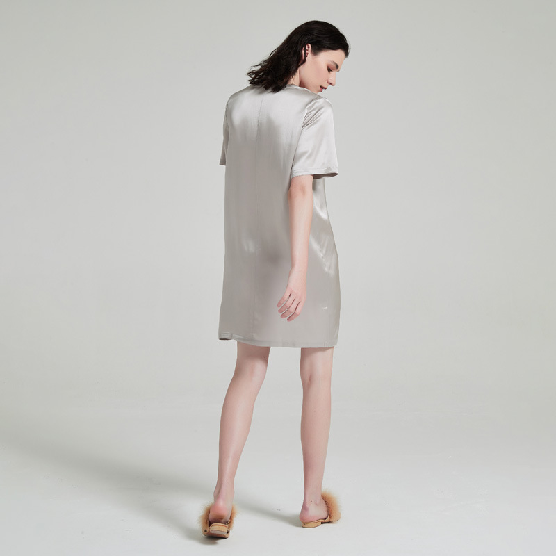 H1115 Large size silk nightdress for women summer 100% mulberry silk collarless shirt dress home loose pajamas