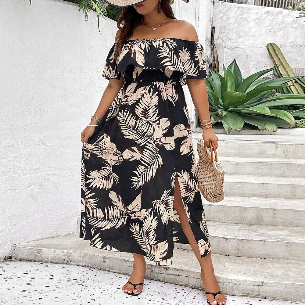 Large Size Womens New Short Sleeved One Shoulder Cinched Waist Slit Printed Dress