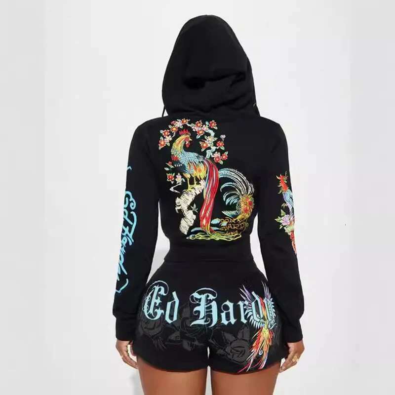 Sifreyr Street Printed Fashionable Casual Versatile Shorts Set Hooided Long Sleeved Zipper Cardigan Jacket High Waist Suit