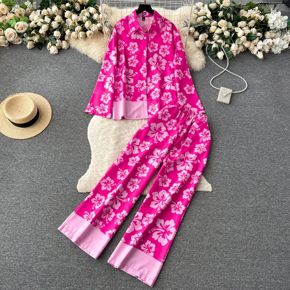 Plus size womens spring and summer fashion trend random flower print casual n elegant longsleeved shirt trousers set 250513Z