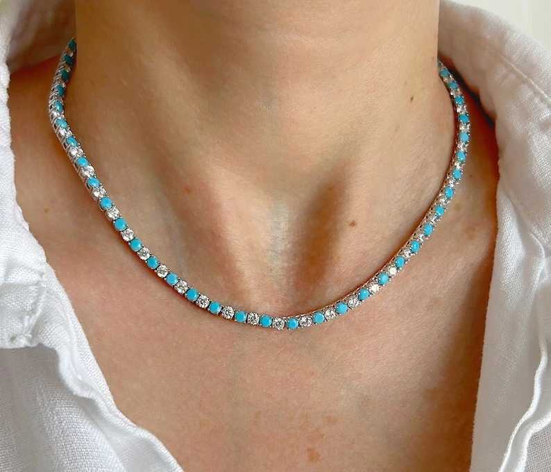 White CZ Blue Turquoises Stone Tennis Chain Choker Necklace For Wen High Quality Fashion Jewelry X250516