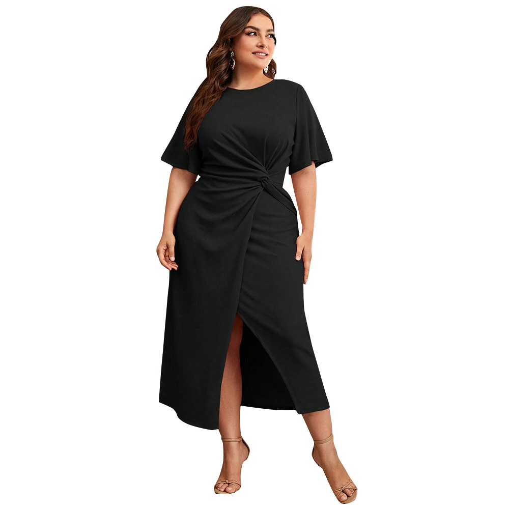 Large Size Womens Round Neck Pleated Dress with Elegant Summer Style and Versatile A-line Mid Length Skirt