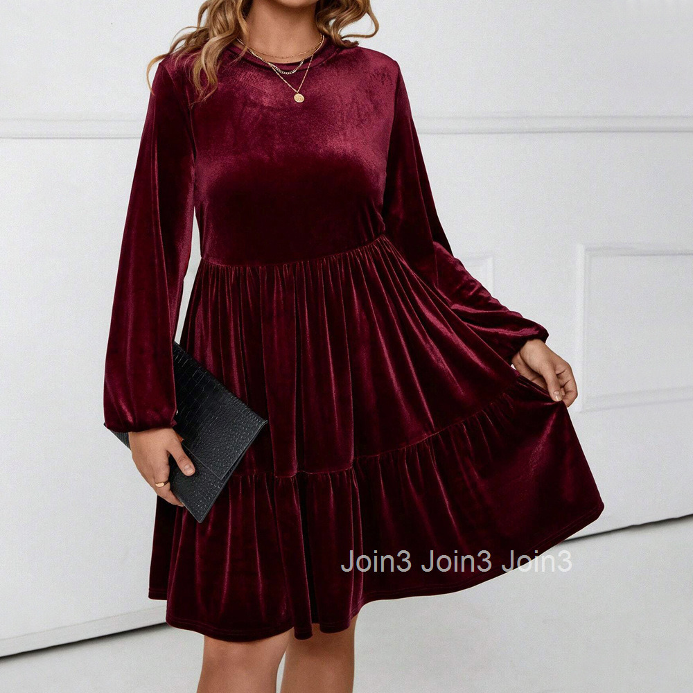 Plus Size Womens Elegant Style Dress Autumn and Winter Korean Velvet Wine Red Mid Skirt
