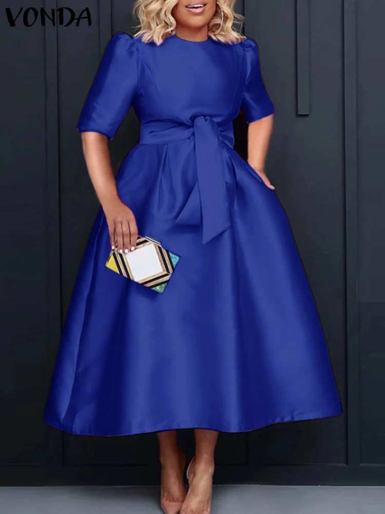 Plus Size Women Stain Dress Summer Sexy Puff Sleeve Evening Party Dress VONDA Beach Sundres Casual Loose Robe Vestidos 250515