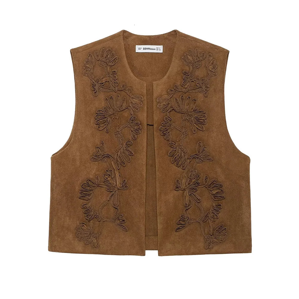Wine Red White Brown Three Color Round Neck Sleeveless Embroidery n Women Open Stitch Suede Texture Vest Coat ZATT 2025 250506