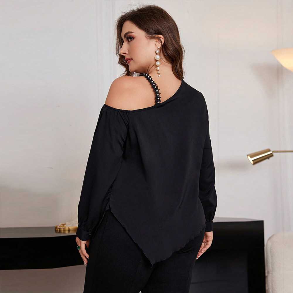 Large Size Womens Elegant Style Loose T-shirt Autumn and Winter New Item Irregular Off Shoulder Inner Top