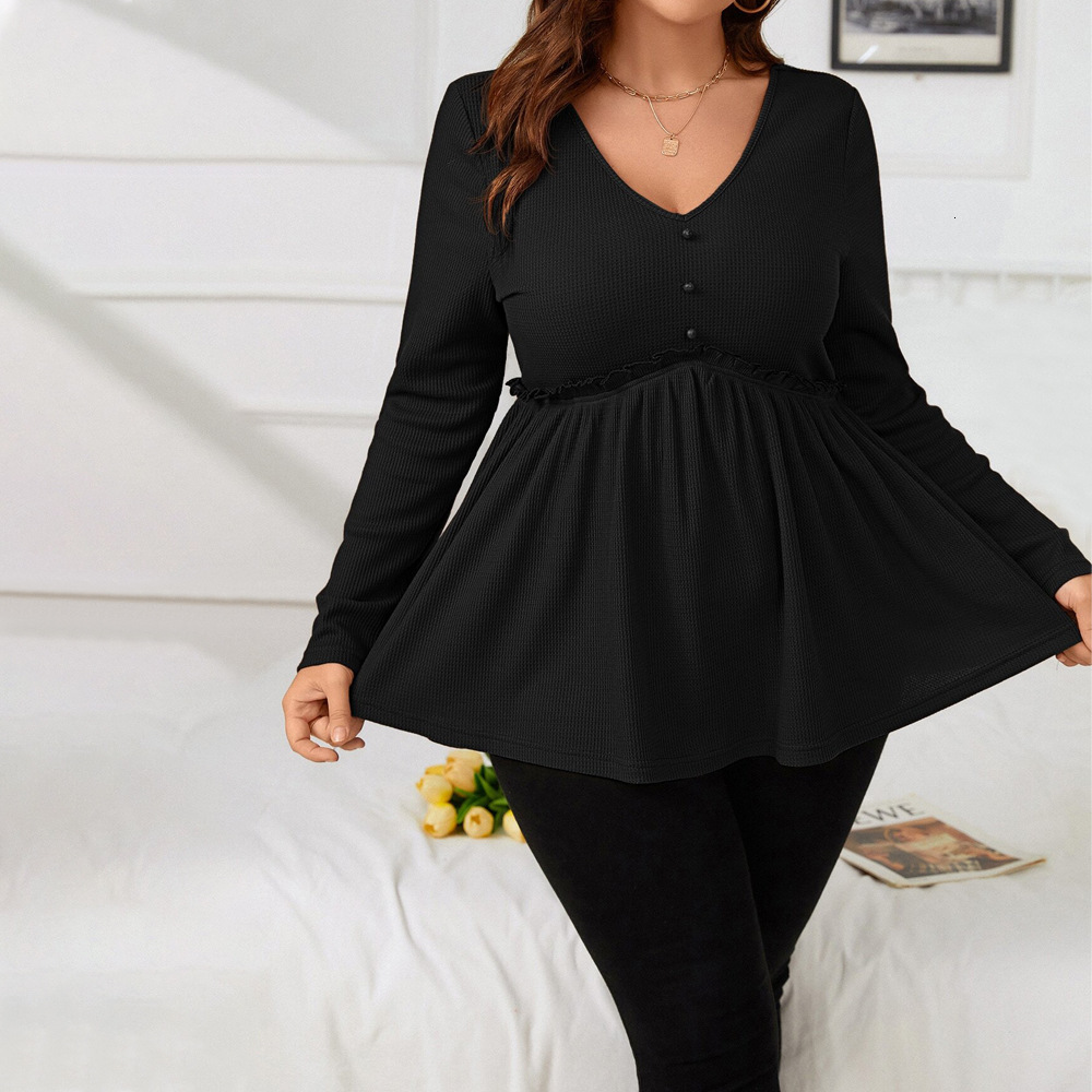 Plus Size Womens V-neck Long Sleeved T-shirt Autumn and Winter Elegant Style Fashionable Versatile Slim Fit Top for Women