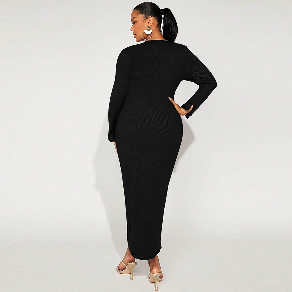 Large Size Womens Autumn and Winter New Sexy Slit V-neck Hip Hugging Long Sleeved French Dress