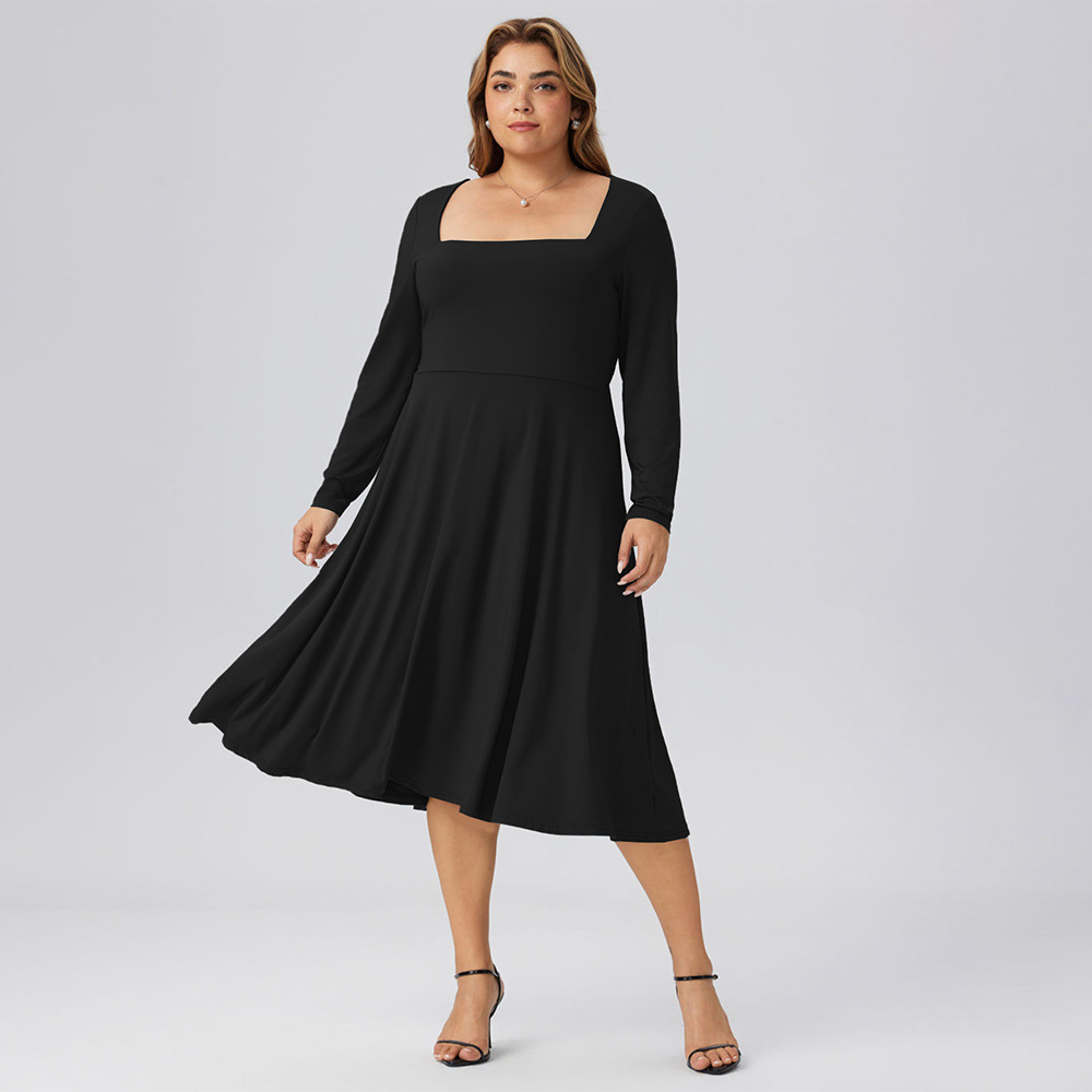 Autumn and Winter New Plus Size Womens Square Neck Medium Long Style Waist Cinching Temperament Commuting Long Sleeved Dress