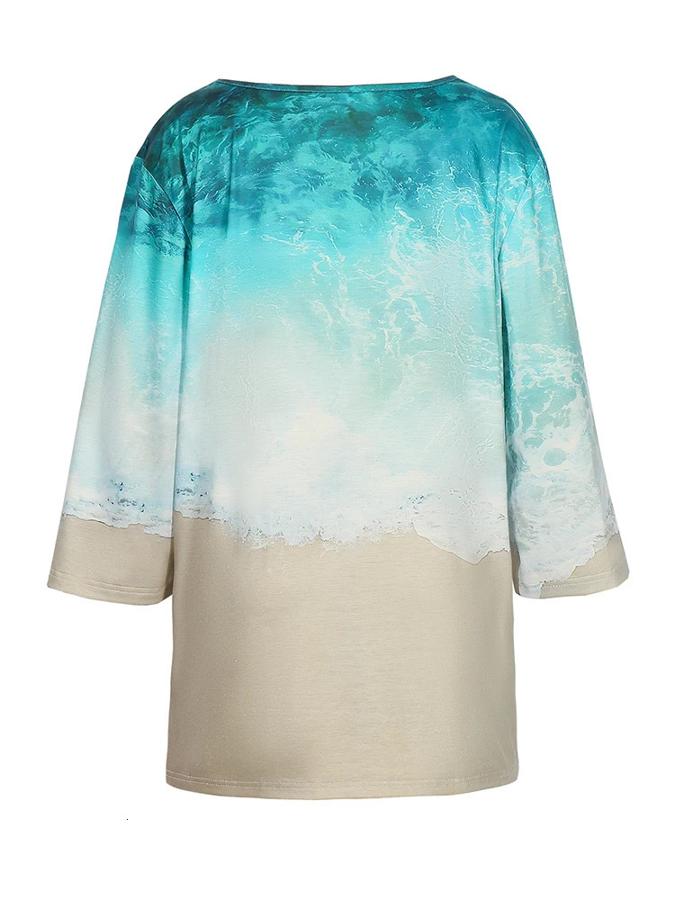 Plus Size 5XL 2025 Summer Casual Tee Shirt Womens V Neck Tops Loose Short Sleeve Wave Print Pullover Fashion Tshirt 250514