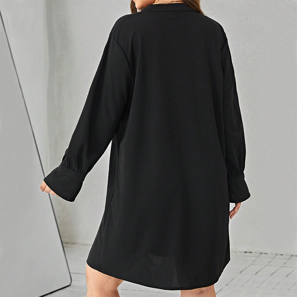 Plus Size Womens Autumn and Winter New V-neck Solid Color Long Sleeved Loose Casual Dress