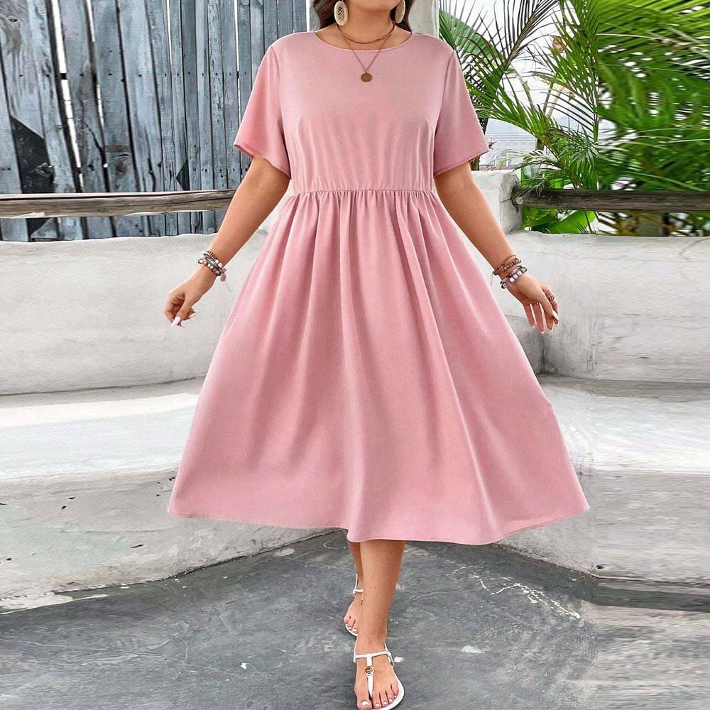 Plus Size Womens Style Neck Short Sleeved Casual Vacation Dress Summer New Collection Waist Cinched A-line Mid Length Skirt