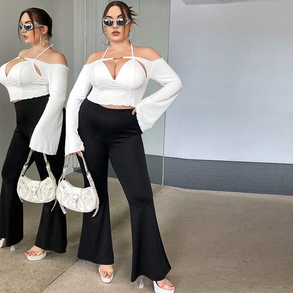 Large Size Womens Clothing Autumn and Winter New Item Slim Fit Sexy Off Shoulder One Collar Trumpet Long Sleeved Top