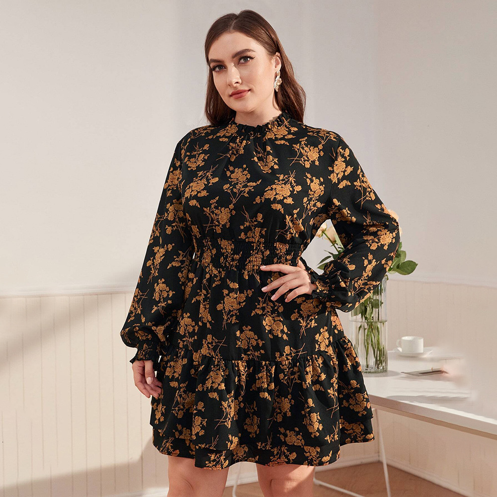 Plus Size Womens High Neck Bubble Sleeve Dress Autumn and Winter Elegant Ruffle Edge Floral Short Skirt