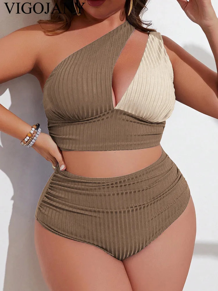 VigoJany 2025 Solid Patchwork 2 Piece Plus Size Bikini Women One Shoulder Push UP Large Swimsuit Backless Chubby Bathing Suit 250515