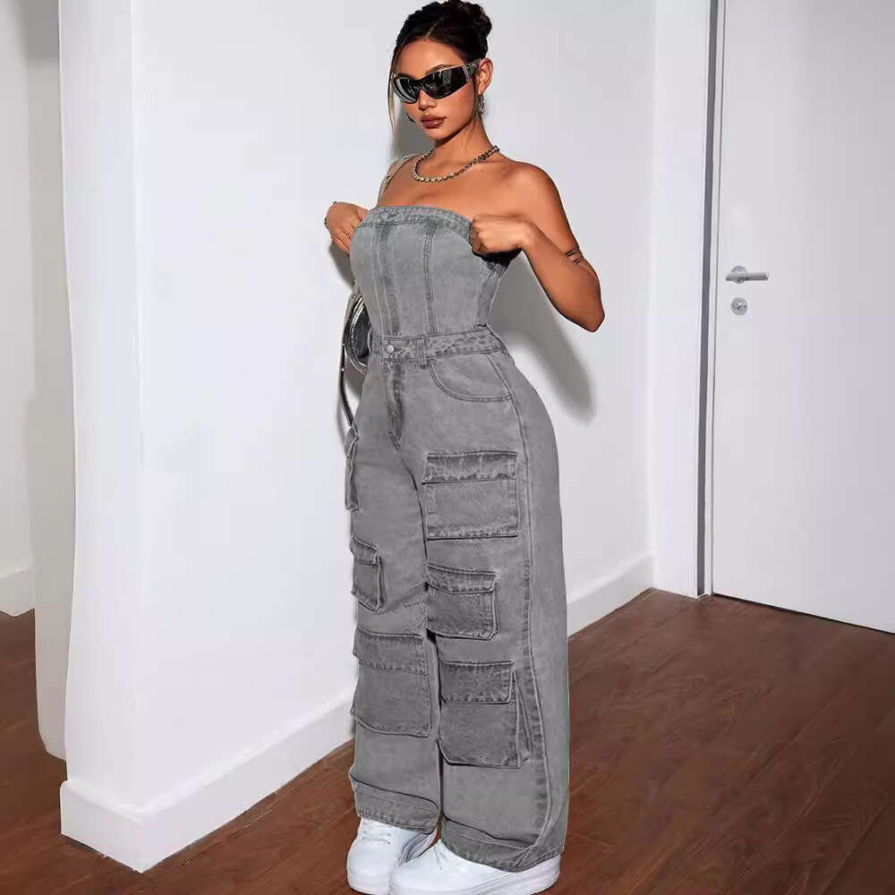 Wide Leg Jumpsuit Women S Denim Jumpsuit Women S Fashion Spicy Girl Strapless Multi Pocket Work Pants