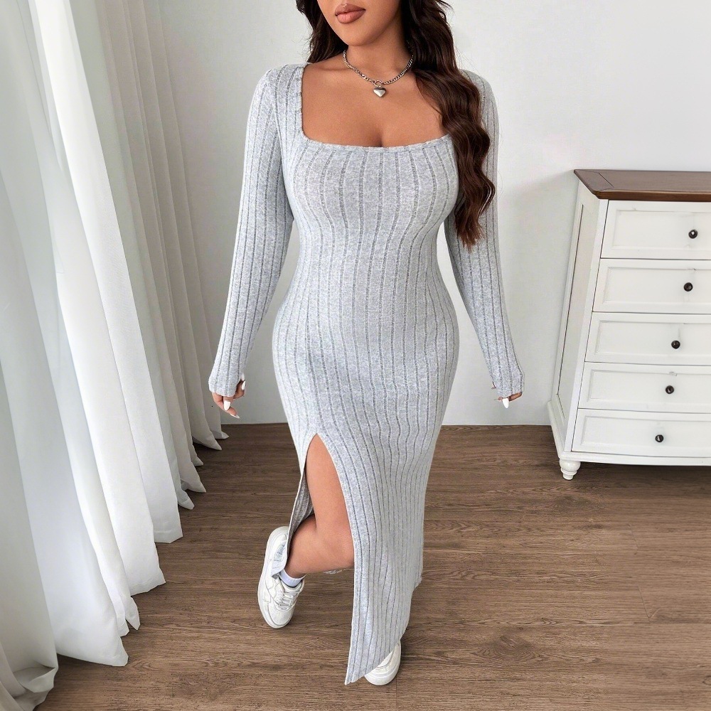 Autumn and Winter New Plus Size Womens Simple Casual Dress Slim Fit Slit Mid Length Skirt