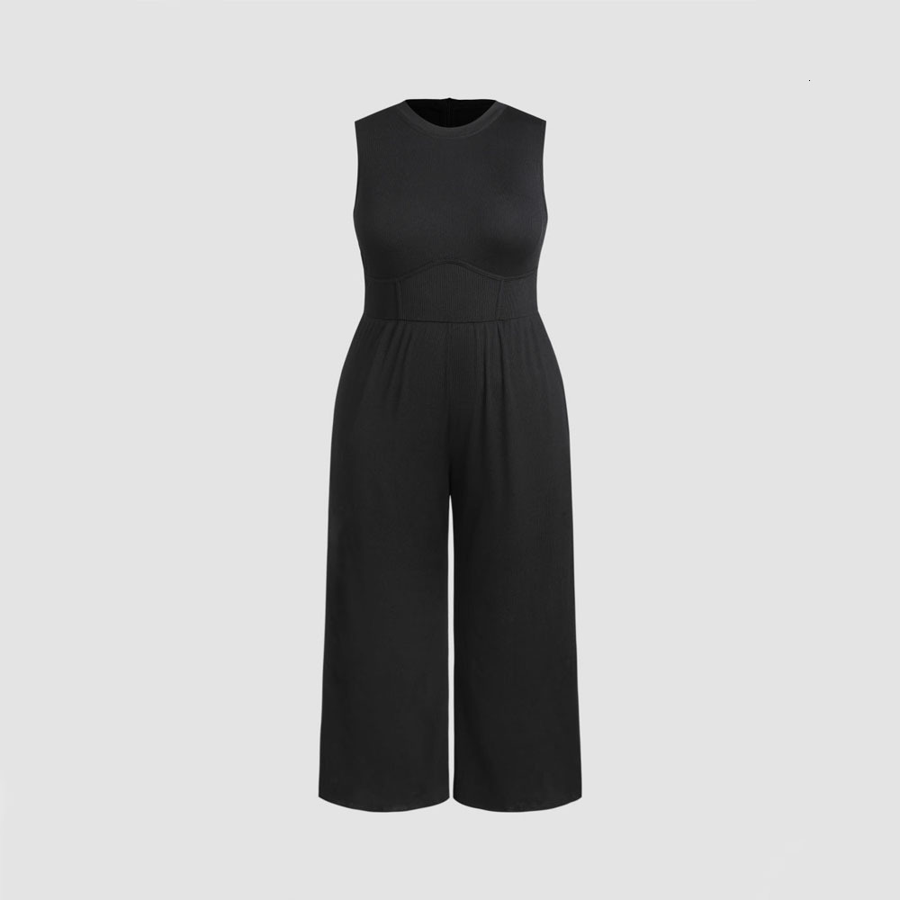 Plus Size Womens Slimming Sleeveless Waist Cinching Fashion Casual Solid Color Versatile Jumpsuit Pants
