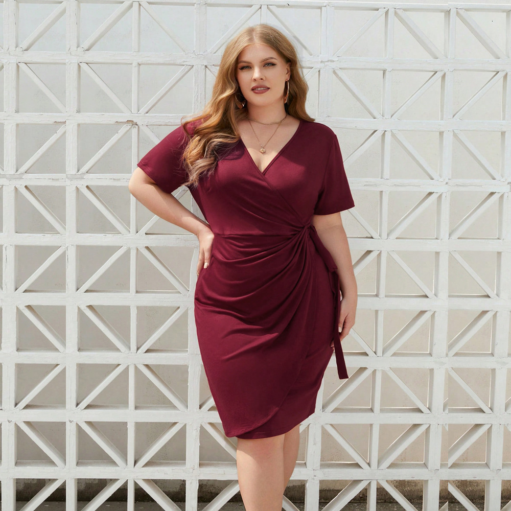 Oversized Womens V-neck Pleated Wine Red Dress Summer Minimalist Socialite Temperament Hip Hugging Skirt