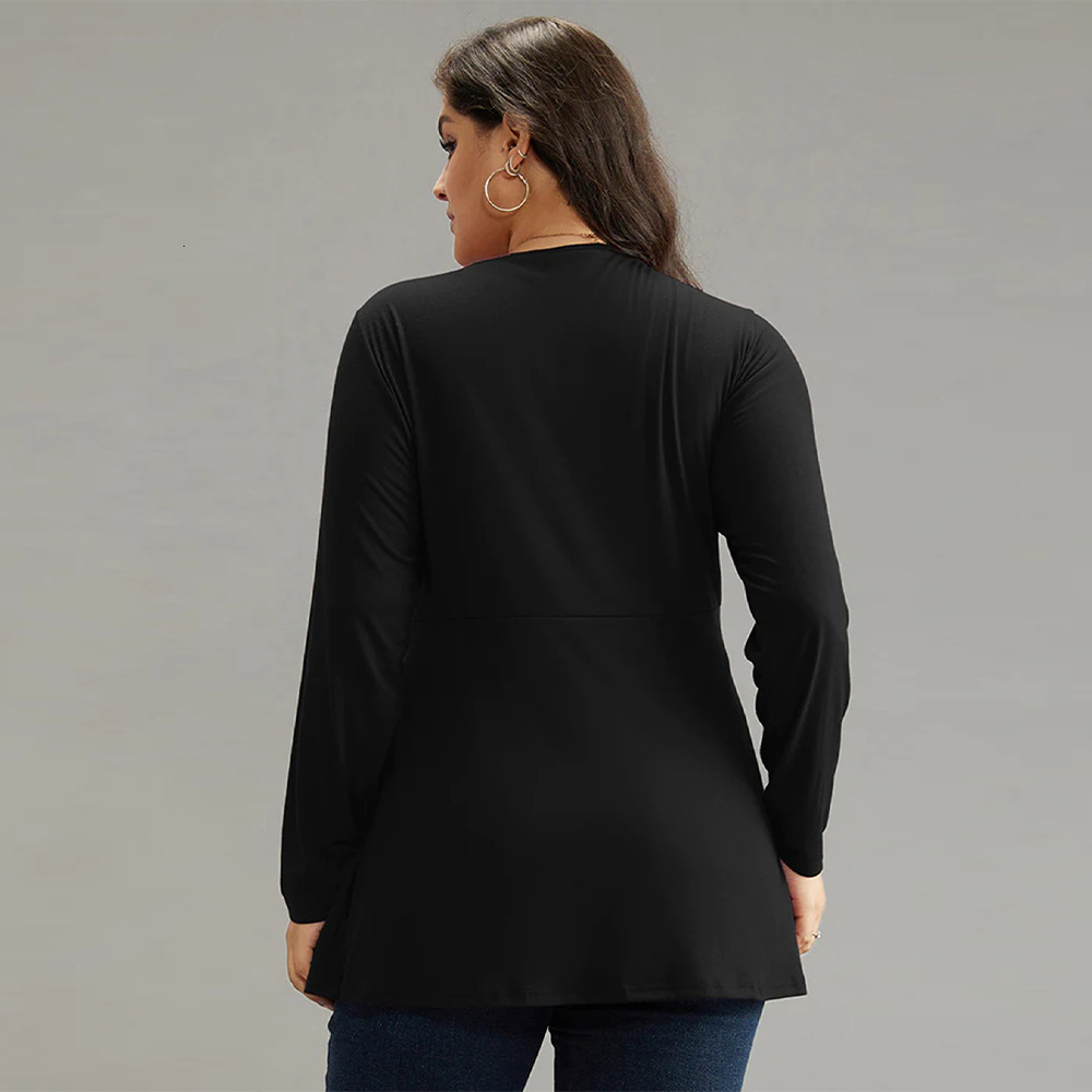 Large Size Womens Autumn and Winter Waist Cinched Ruffle Sexy V-neck Solid Color Long Sleeved T-shirt Temperament Top