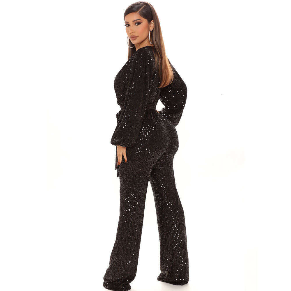 Wide Leg Jumpsuit Autumn High End Women S Sequin Deep V Neck Long Sleeved Jumpsuit