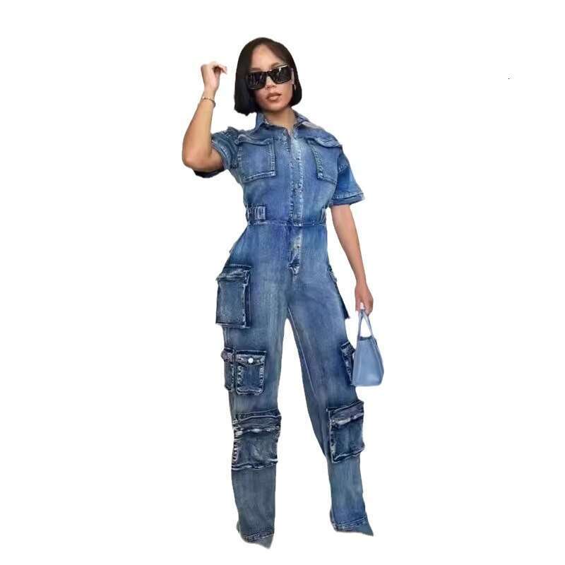 Wide Leg Jumpsuit New Women S Washed Water Work With Multiple Pockets And Button Denim Jumpsuit Short Sleeved Pants