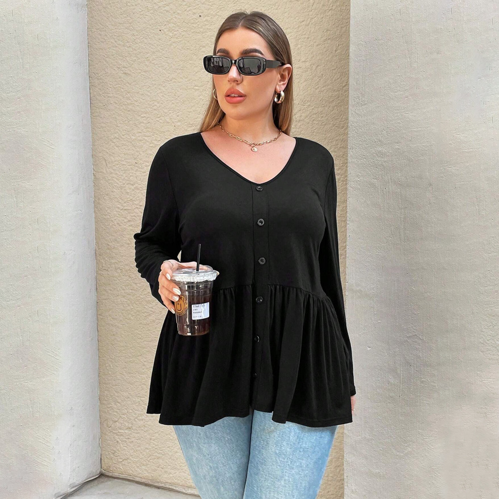 Plus Size Womens Simple Casual Style T-shirt Autumn and Winter V-neck Slim Fit Solid Color Long Sleeved Base Top for Women