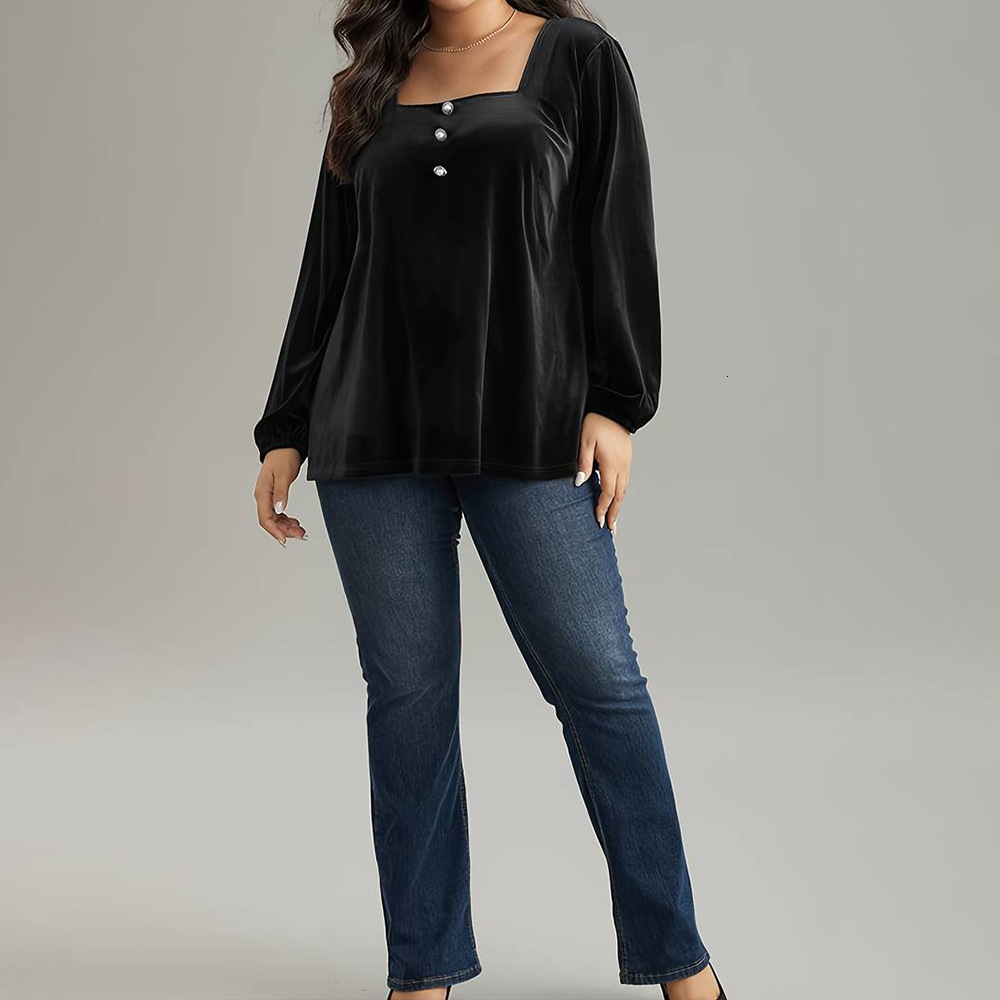 Large Size Womens Elegant Velvet T-shirt Autumn and Winter Square Neck Long Sleeved Fashionable Loose Solid Color Top